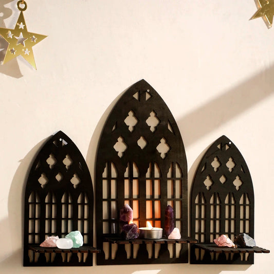 3 Pcs Gothic Wooden Hollow Wall Decor，Vintage Cathedral Arch