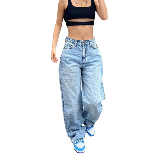 Women Straight Wide Leg Baggy Jeans High Waisted Relaxed Fit Denim Pants