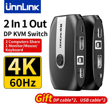 Unnlink 4K 60Hz DP KVM Switch 2 Ports Hot Key Switching 2 In 1 Out Video