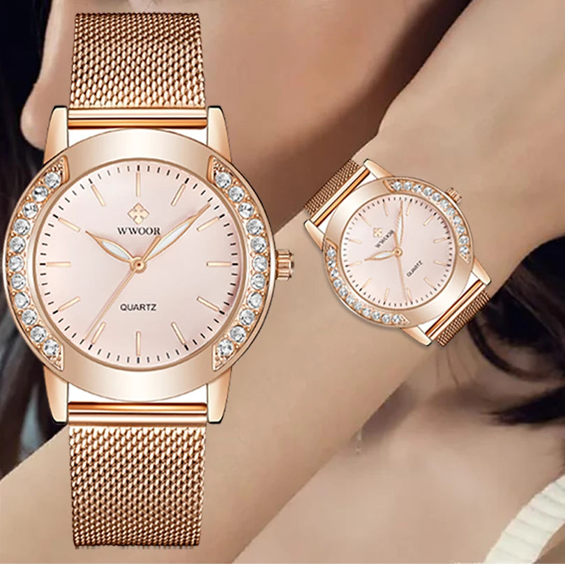 Diamond Watch For WWOOR Women Dress Simple Clock Ladies Quartz Bracelet