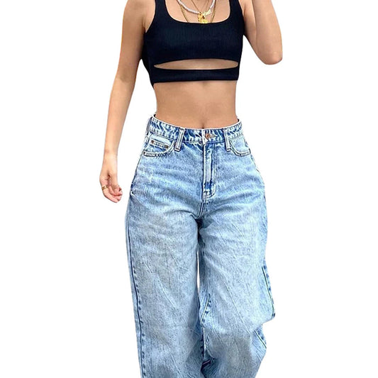 Women Straight Wide Leg Baggy Jeans High Waisted Relaxed Fit Denim Pants