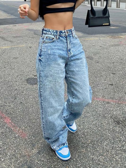 Women Straight Wide Leg Baggy Jeans High Waisted Relaxed Fit Denim Pants